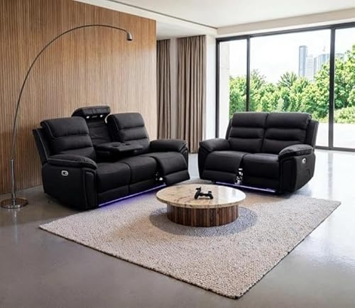 Venice Electric Recliner Sofa Set, Fabric, 3 and 2 Seater, Platinum, with USB, Type C, LED, and Reading Lights