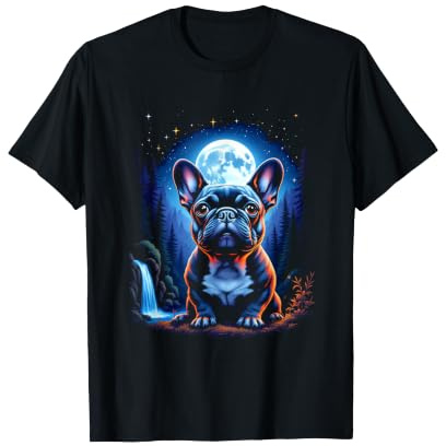 Adorable Bouledogue français sous la Pleine Lune et Cascade T-Shirt