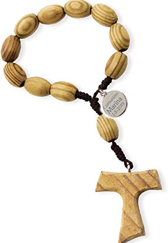 Curia Grabador Rosario de madera de mano TAU, PERSONALIZADO con charm con el texto que quieras. Para regalar en eventos católicos. Pack 6 unidades