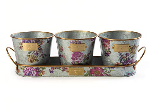 MACKENZIE-CHILDS Galvanized Herb Pots with Tray, Metal Herb Planters, Set of 3, Flower Market