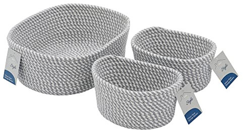 JVL Edison Rectangular Cotton Rope Storage Basket, Set of 3, Grey