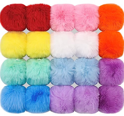 BQTQ 20 Pieces Faux Rabbit Fur Pom Pom Balls DIY Faux Fur Fluffy Pompoms with Elastic Loop for Hats Keychains Scarves Gloves Bags Accessories (10 Rainbow Colours, 2 Pcs for Each Colour)