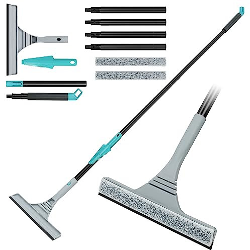 DOBIGER Fensterputzer mit Teleskopstiel, 2 in 1 Teleskop Fensterwischer, Teleskopstange Fensterreinigung 65-154cm mit 2 Mikrofaserpads, Fensterabzieher mit Teleskopstange für Hohe Fenster, Grau