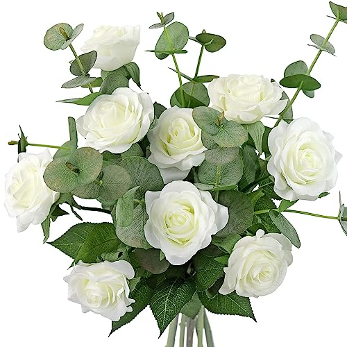 FiveSeasonStuff White Roses with Eucalyptus Leaves Bouquet Real Touch Artificial Flowers, 12 Stems