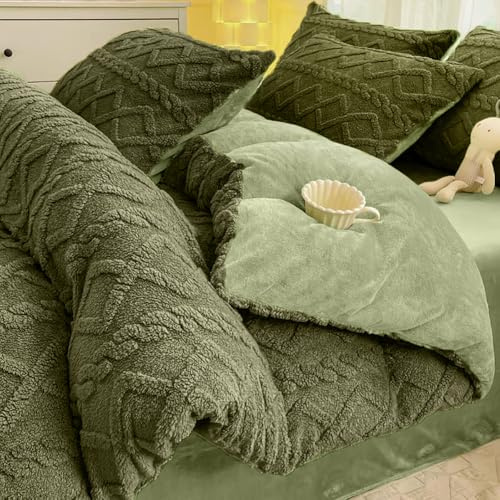 Michorinee Housse de Couette Flanelle 220x240 cm Parure de Lit en Polaire Chaud Hiver avec Fermeture Éclair, Linge de Lit 2 Personnes avec 2 Taies d'oreiller 65x65 cm, Vert