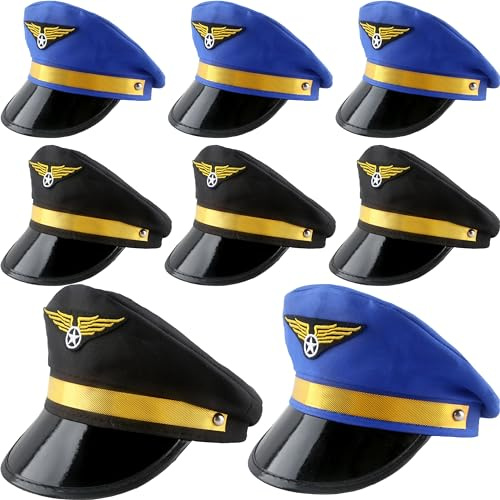 SGBETTER 8 Pack Kids Pilot Hats Airplane Captain Hat Airline Pilot Hat for Boys Girls Halloween Party Dress up Costume Accessories (Black, Blue)
