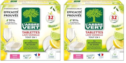 L'arbre vert Tablettes Lave vaiselle tout en 1 Citron - 32 doses - 584g (Lot de 2)