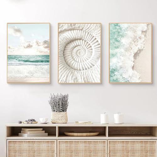 Moderne Poster Set 3er Premium Wandbilder Strand Meerblick Kunst Bilder Ohne Rahmen Leinwand Kunstdruck Moderne Deko Bilder für Wohnzimmer Schlafzimmer