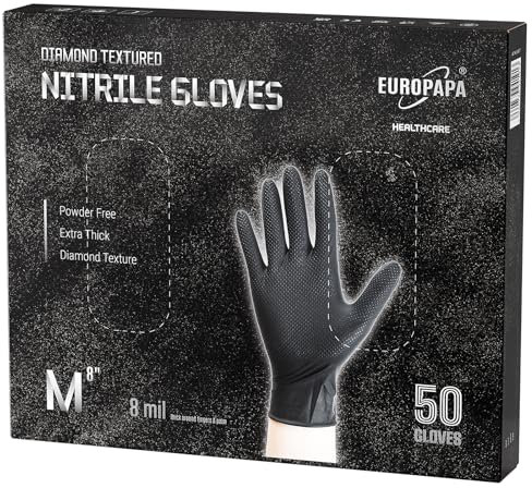 EUROPAPA® Lot de 50 gants jetables en nitrile extra épais DiamantGrip Diamant Perfect Grip Gants de protection de montage sans latex poudrés (8 mil, M, noir)