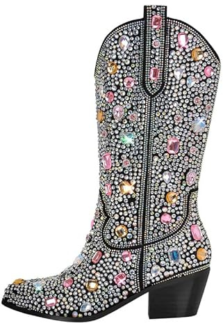 MissHeel Botines de vaquero brillantes con tacón de embudo con purpurina, botas occidentales decoradas con piedras preciosas