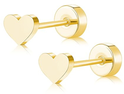 ZDE Women Earrings Flat Back Heart Earrings Titanium Hypoallergenic Non-Nickel Cartilage Studs for Sensitive Ears Simple Classic 5mm Tiny Gold Screw On Stud Earring (Heart-Gold)