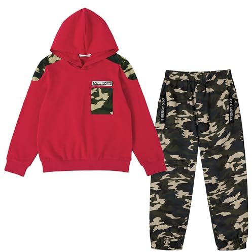 LOLANTA 2PCS Niños Chándal Conjunto Sudadera con Capucha y Camuflaje Cargo Pantalones Traje, Rojo, 8-9 años, 140