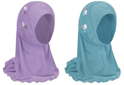 PURFUN 2Pcs Lovely Floral Hijab for Little Girls, Soft One Piece Muslim Scarf Bonnet Turban Kids Stretchy Islamic Arab Middle East Ramadan Instant Hijab Head Scarf Headwear for 2-6 Yrs