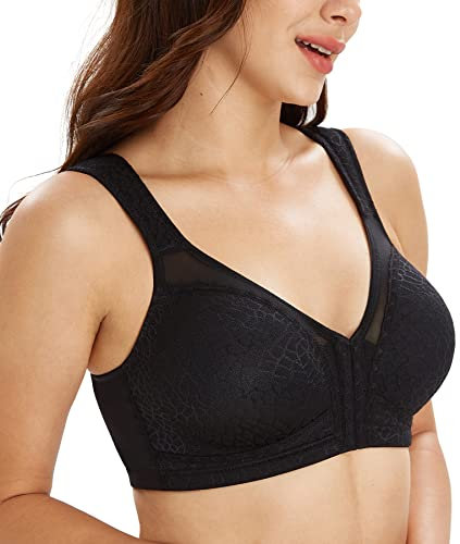 Lemorosy Women's Wirefree Jacquard Back Support Bra Full Figure Front Closure Posture Underwear(Black,38F)