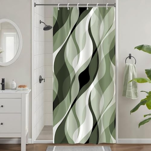 Tenda Doccia Antimuffa, Uiiooazy Tenda Doccia Piccola 90x180cm Verde Righe Sfumata Verde Scuro Banda Gradiente Tende da Bagno Tessuto Lavabile Impermeabile Poliestere Tende Vasca da Bagno con 6 Anelli