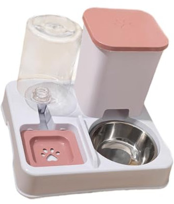 Dualoai Automatischer Katzenfutterautomat, 2 in 1 Futterspender Und Wasserspender, Fress Und Trinknapf für Katzen, Kaninchen, Kleintiere Im Innenberei, Rosa Weiß