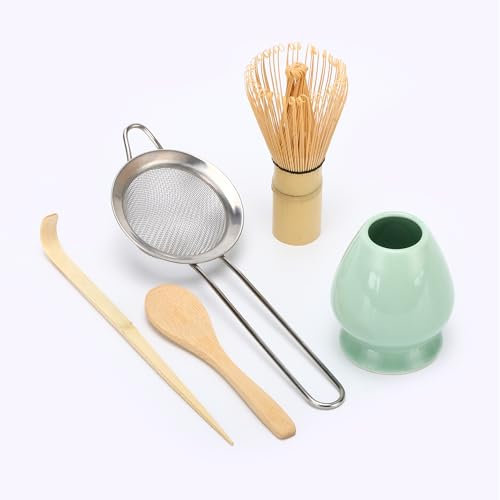 DiDiBirDi Matcha Set frusta per frusta, Matcha (Chasen), pala tradizionale (Chashaku), colino in acciaio inox, cucchiaino, supporto per frusta (5 pezzi)