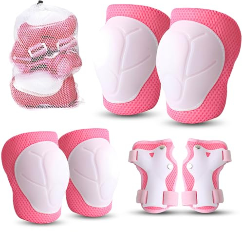 6PCS Juego de Equipo de protección Deportiva para niños ,Set Rodilleras Coderas y Muñequeras,para niños, patineta, Patinaje en línea, Ciclismo, equitación, Scooter, Escalada, Esqui,Blanco Rosado