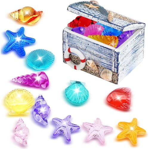 JDCMEI 12 Pièces Jouets de Trésor de Piscine et 1 Coffre Tresor, Pierres Precieuses pour Enfants, Jouets de Trésor de Piscine, Jouet de Plongée Enfant pour Fêtes à Piscine, Jeux de Plage