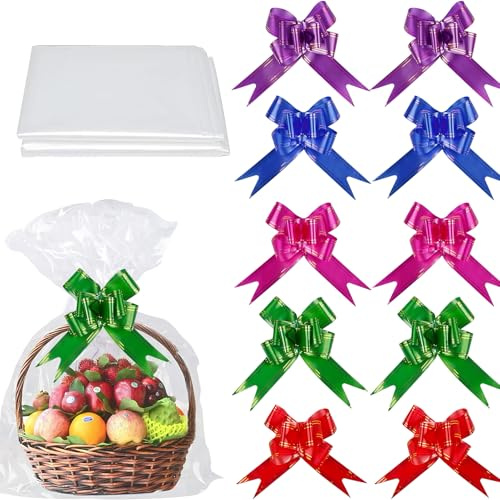 Papel de regalo transparente grande, juego de 15 unidades con 5 bolsas de regalo transparentes de 75 x 100 cm y 10 lazos de colores, papel de regalo transparente, bolsas de celofán con base para