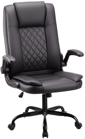 Play haha.Ergonomic Executive Office Chair with Flip-Up Arms, High Back PU Leather Desk Chair with Thick Padded Seat, Rocking Function, Lumbar Support, Adjustable Height, Comfortable Home Office Chair