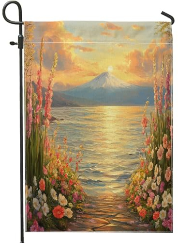 Banderas de arpillera de gladiolo de primavera para patio delantero, patio trasero, 12 x 18 pulgadas, doble cara para exterior, escena de flores, patrón de montaña y mar, banderas de césped pequeñas