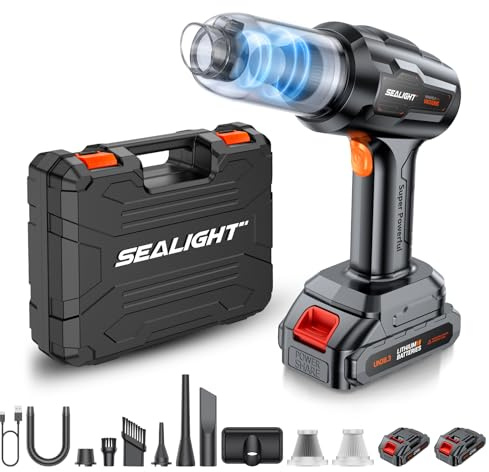 SEALIGHT Aspirador de Mano 35000Pa, Aspiradora de Coche con 60 min de Duración, 2 Pilas Recargables, Motor sin Escobillas para Pelo de Mascotas, Coche, Hogar
