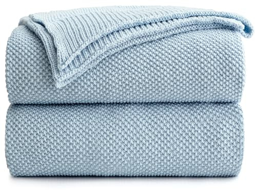 Longhui bedding 100% Cotton Light Blue Cable Knit Throw Blanket for Couch Sofa Bed Home Décor – Lightweight 50“ x 60”, Bonus Laundering Bag, Machine Washable