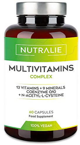 MULTIVITAMINE UND MINERALIEN - Multivitamin A-Z 29 Wirkstoffe - Vollständiger Vitaminkomplex - Frauen Männer - Vitamine A B C D E K, L-Cystein, Q10 und 9 Mineralien - 60 vegane Kapseln Nutralie