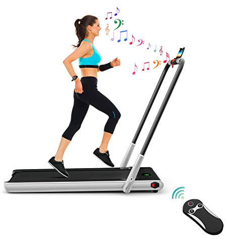 DREAMADE Tapis de Course Pliable Motorisé avec Ecran et Support, Tapis Roulant Electrique 12km/h avec Haut-Parleur Bluetooth et Télécomode, Parfait pour Maison, Gym, Bureau (Argenté)