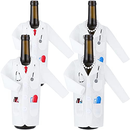 4 Pcs White Coat Wine Bag Felt Doctors White Wine Bottle Cover with Tie Lawyer Beer Can Sleeve Necklace for Nurse Men Women Practitioner Graduation Birthday Anniversary Present Law Student (Doctor)