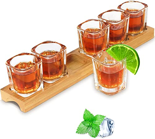 INFTYLE Shot Glass Set - 2oz/60ml Set of 6 Shot Glass Tray Holder Set Thick Base for Club Bar Party (6pcs)