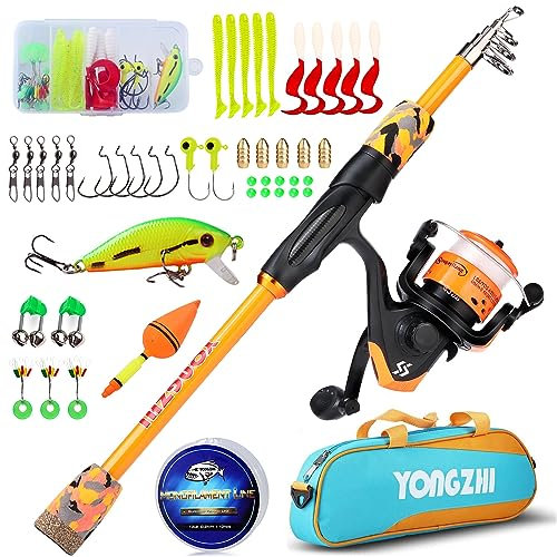 Sougayilang Kinderangel, tragbare Teleskopangel mit Rolle, inklusive Spinnrolle, Angelkoffer und Ködern für Jugendliche, Mädchen und Jungen, Reiseangel für Kinder-O