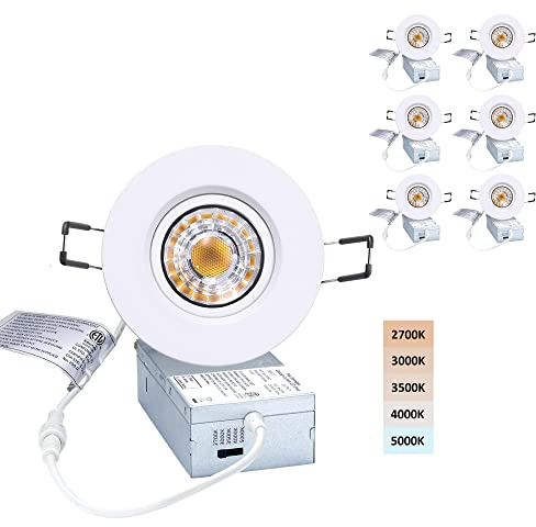 POPANU Canless Recessed Gimbal Downlight Rotatable-Spotlight 5 CCT 3 Inch Eyeball Ceilling Potlight, Dimmable Recessed Lights Fixture with Junction Box, 8W CCT Adjustable, White Round Trim, 6 Pack