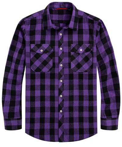 J.VER Checked Shirt Mens Flannel Cotton Lumberjack Long Sleeve Button Down Regular Fit Work Winter Warm Shirt Purple M