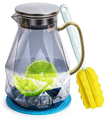 IRONABLE Glaskaraffe| Glaskaraffe mit Deckel | Borosilikatglas Wasserkaraffe | Glaskanne mit Deckel Reine Handarbeit 1.8L（±50ml） Short-gunmetal