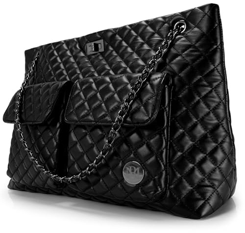 Badgley Mischka Diana Quilted Vegan Leather Tote Weekender Travel Bag, Black, 18-inch, Weekender