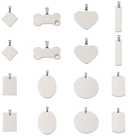 Cheriswelry 32Pcs 201 Stainless Steel Stamping Blank Tag Pendants Heart Rhombus Rectangle Oval Flat Round Bone Shape Metal Charms 20-43mm for DIY Necklace Bracelet Jewelry