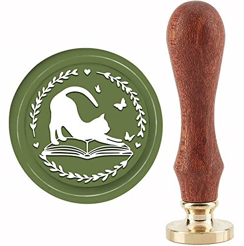 CRASPIRE Vaxsigillstämpel, bok, sigill, vaxstämplar, 30 mm, retro, vintage, avtagbart mässingsstämpelhuvud med trähandtag för inbjudningar, kort, presentinslagning