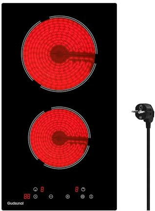 Gudsunal Domino Kochfeld, 2-Platten Glaskeramikkochfeld mit Stecker, 3000W, 9 Heizstufen, 1-99 Minuten Timer, Touch-Steuerung, Automatische Abschaltung, Kindersicherung,Schwarz