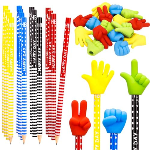 Yamitora HB Bleistift mit Radiergummis Set, 16 Bleistift mit 16 Schere-Stein-Papier Bleistift Toppers Radiergummis für Büro Schulbedarf Kindergeburtstag(Streifen Stil)