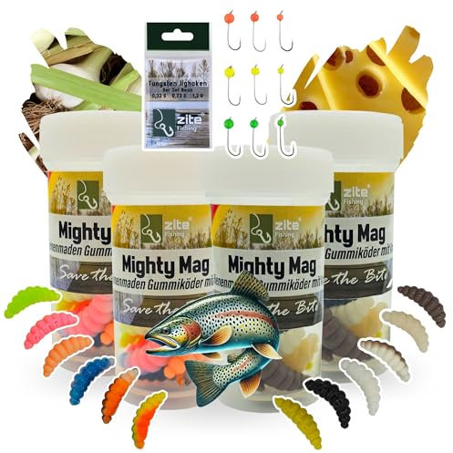 Zite Fishing Mighty Mag Set - 2,8 cm Forellenköder in Natur & Neon - 48 Bienenmadenimitate + 9 Tungsten Jighaken - 100% phthalatfreie Gummiköder - Knoblauch- & Käsearoma