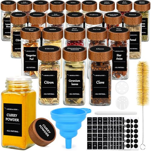 ZZXLOPEZ Barattoli Spezie, 24pcs Barattoli Portaspezie Quadrato, Contenitori Spezie per Cucina, 120ml Vasetti Portaspezie Vetro con Coperchi in Legna, Setaccio, Etichette, Spazzola, Lmbuto