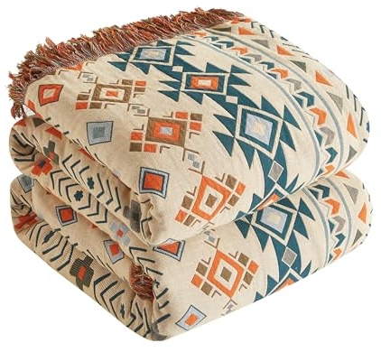 SESoftexly boho-filt 100 % bomull – stort dubbelsidigt muslin överkast 200 x 230 cm, mysig sofföverdrag och överkast, estetisk design, perfekt för vardagsrum och sovrum, beige/brun