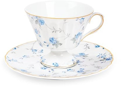 fanquare Bone China Tasse et soucoupe Set, Bleu Petite Rose Fleurs Tasse à thé, 170ml Elégante tasse à café en porcelaine britannique pour les femmes Cadeaux
