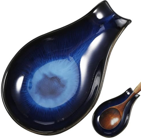 ​​iplusmile Repose-Cuillère en Céramique Bleu: Support de Cuillère Multifonction pour Comptoir de Cuisine 18cm - Idéal pour Sauce, Snacks, Maison et Restaurant​​