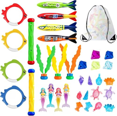 Diving Pool Toys，35 PCS Swimming Toys with Diving Mermaids, Dive Sticks, Diving Rings, Diving Seagrass, Torpedo Bandits with Carrying Bag for Kids