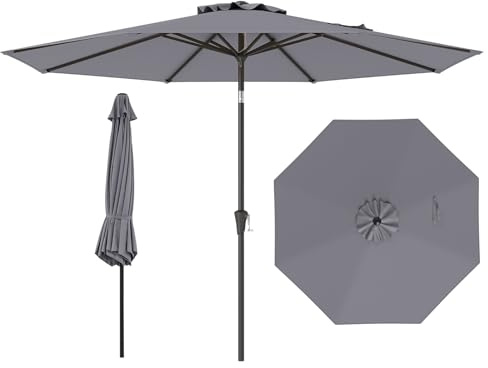 COSTWAY Sombrilla Terraza Exterior 270 cm, Sombrilla de Patio Resistente con 35°de Inclinación, Manivela, 8 Varillas Robustas, Toldo Ventilado, Parasol para Jardín Playa Piscina (300 cm,Gris)