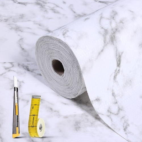Drawer Liners Non-Slip Shelf Liner for Kitchen Cupboards -30x900cm | White Marble Waterproof Cabinet Liner, Easy Cut Drawer Organiser for Wardrobe, Refrigerator, Countertop, Knife & Tape Measure
