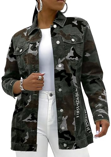 sexycherry Camouflage Jacket for Women Casual Classic Distressed Long Sleeve Botton Down Jeans Ripped Trucker Coat(Large)